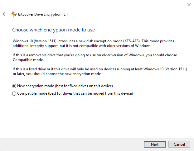 Pilih mode enkripsi bitlocker