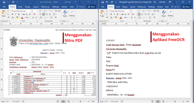 Perbandingan hasil menggunakan nitro dan FreeOCR