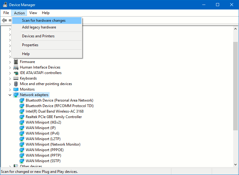 scan for hardware changes driver wifi