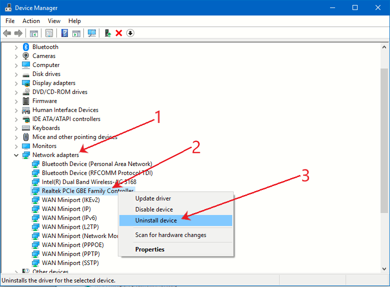 Uninstall device network adapter