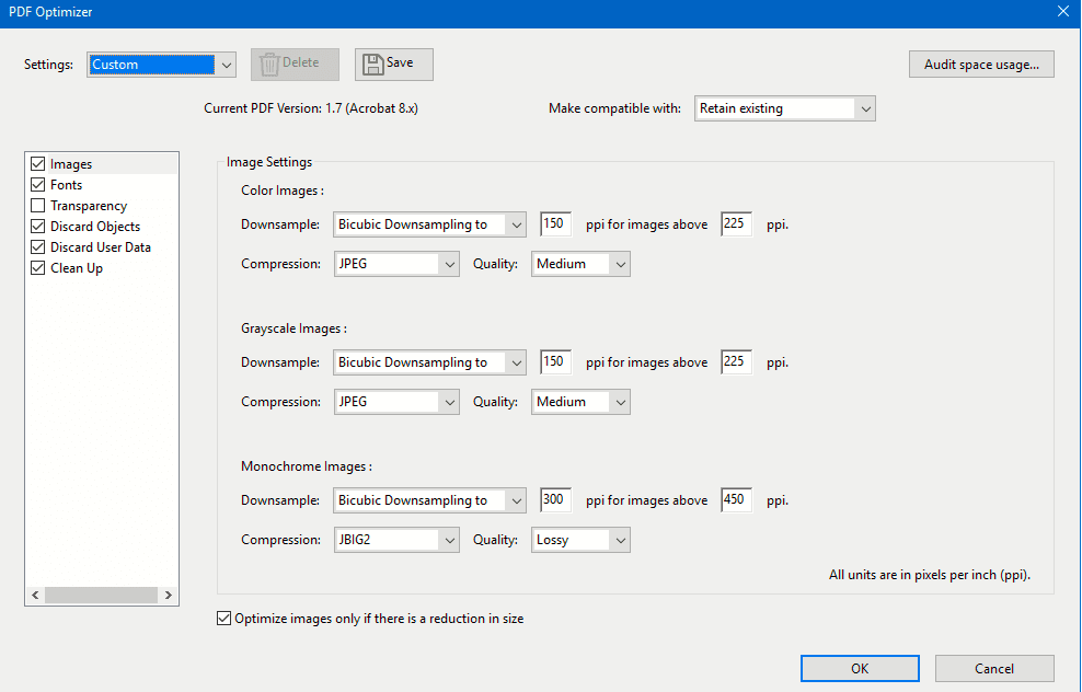 memperkecil ukuran pdf di Adobe acrobat dc