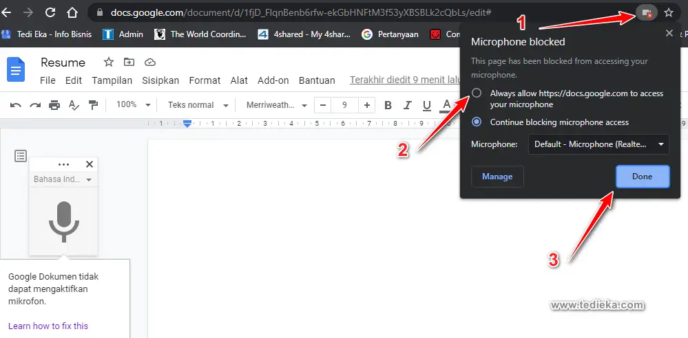 Google Doc tidak dapat mengaktifkan microfon