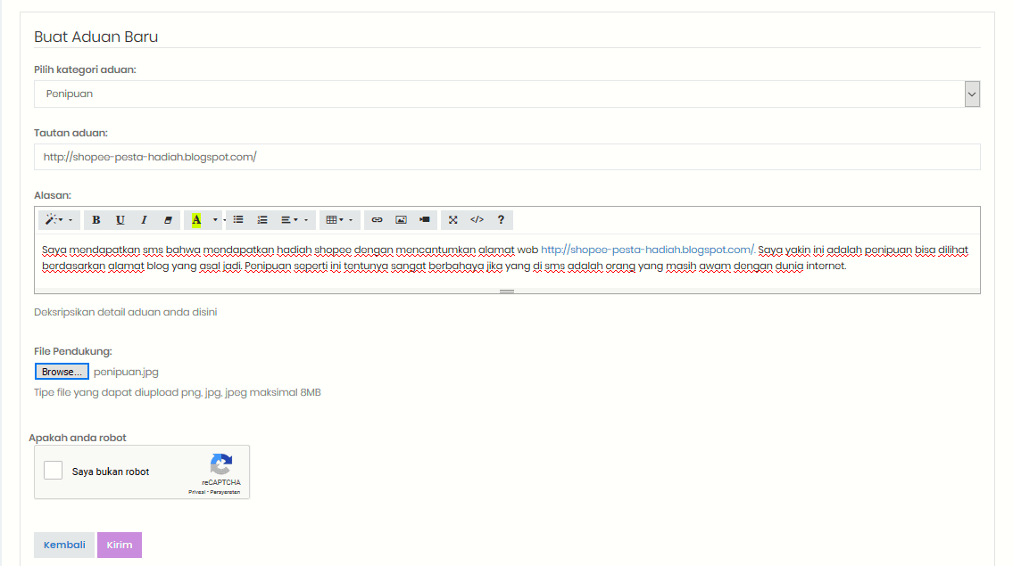 pengisian formulir laporan konten negatif