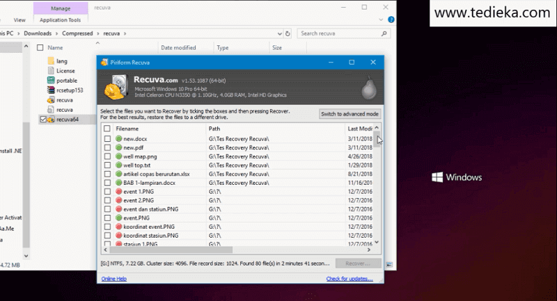 Recovery file via recuva