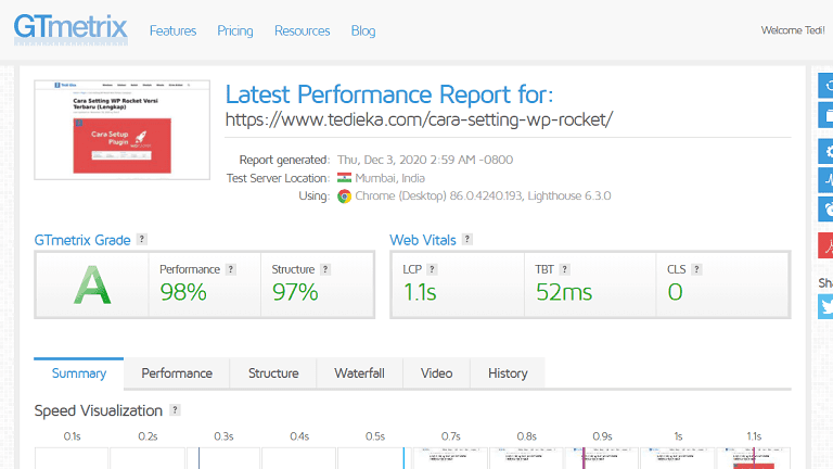 hasil tes speed setting wp rocket terbaru