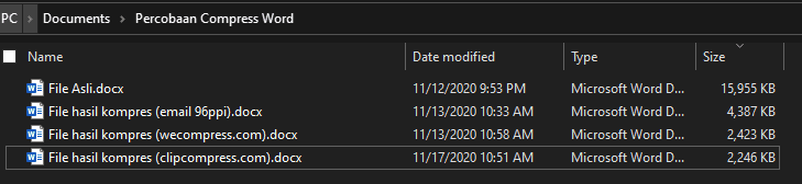 Perbandingan hasil kompres file word