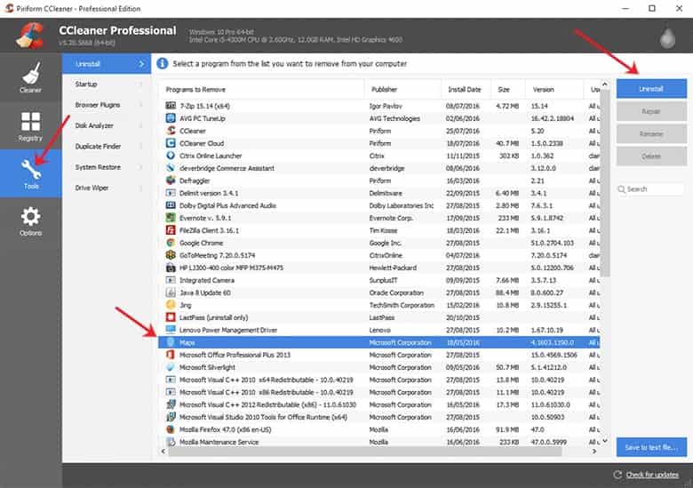 Uninstall aplikasi dengan CCleaner