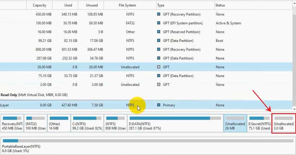 partisi anallocated di windows 10