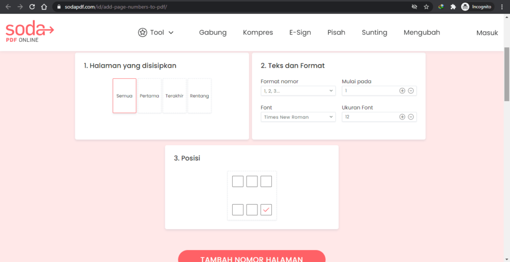 menambah nomor halaman pdf di sodapdf