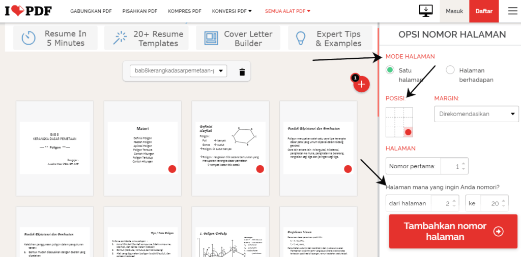 penomoran halaman pdf menggunakan ilovepdf