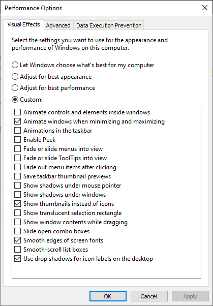 Custom effect performance option