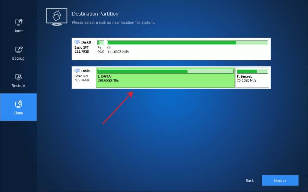 Memilih disk sebagai lokasi baru sistem windows