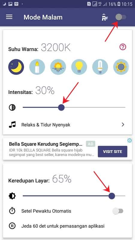 Mengatur tingkat kecerahan layar