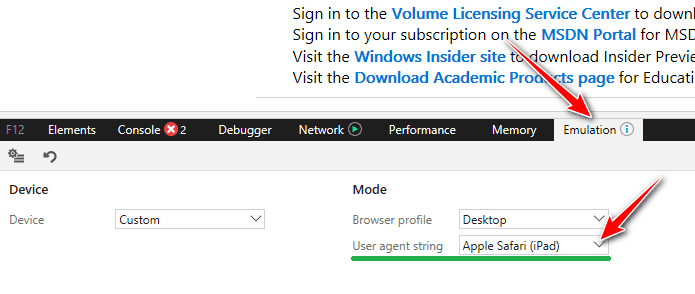 Mengubah user agent IE dan Edge versi lama