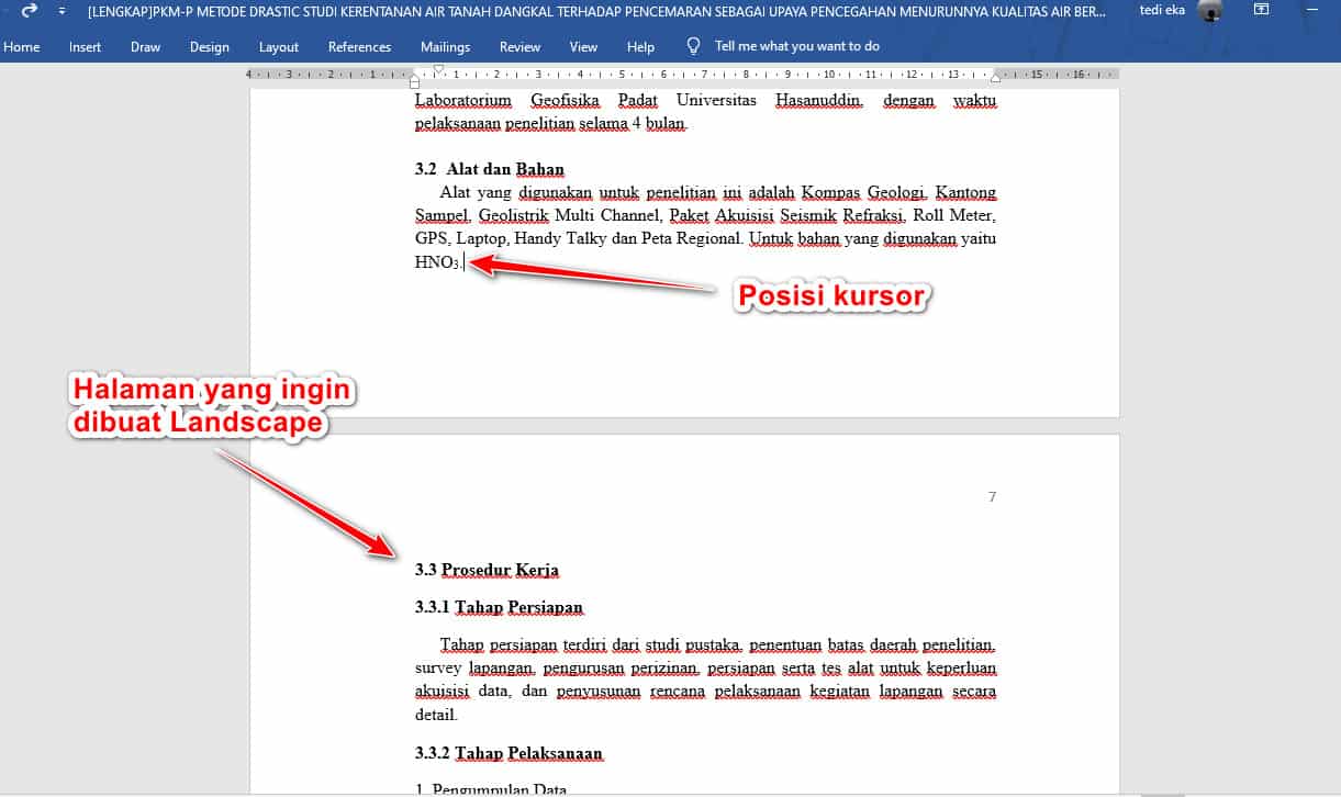 Letakkan kursor sebelum halaman yang dibuat landscape