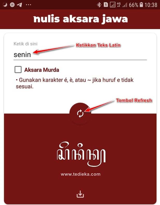 Translate menggunakan aplikasi Nulis Aksara Jawa