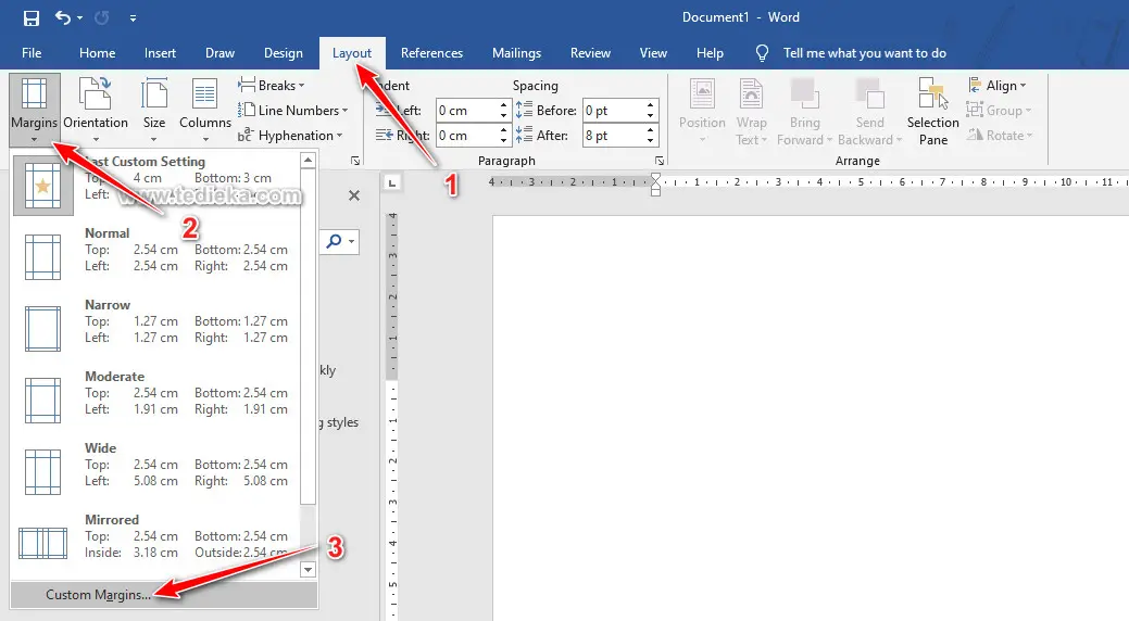 Custom margin di word