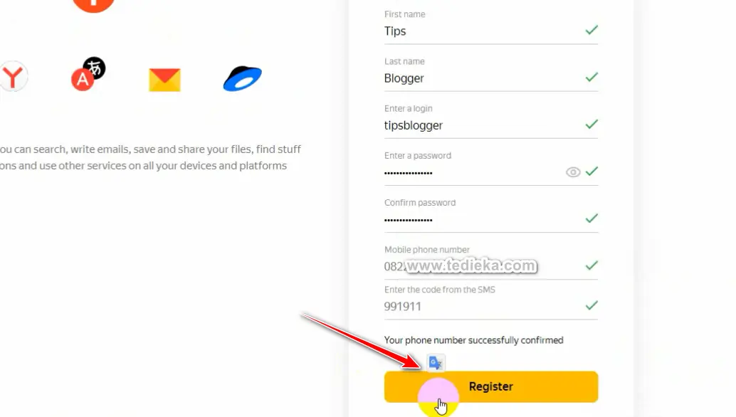 Register Yandex mail