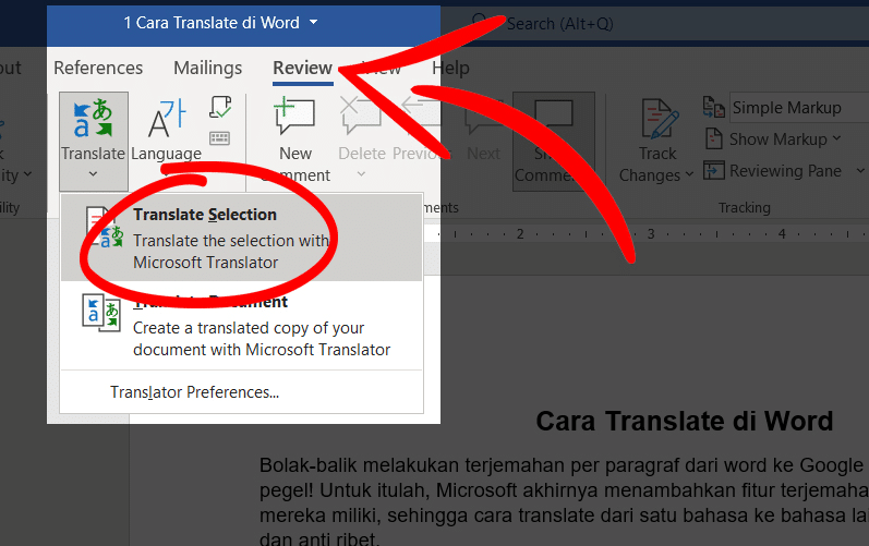 cara translate word sebagian