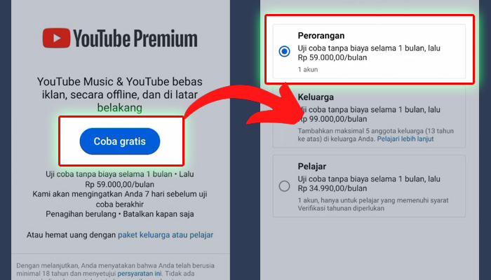 youtube premium coba gratis - perorangan