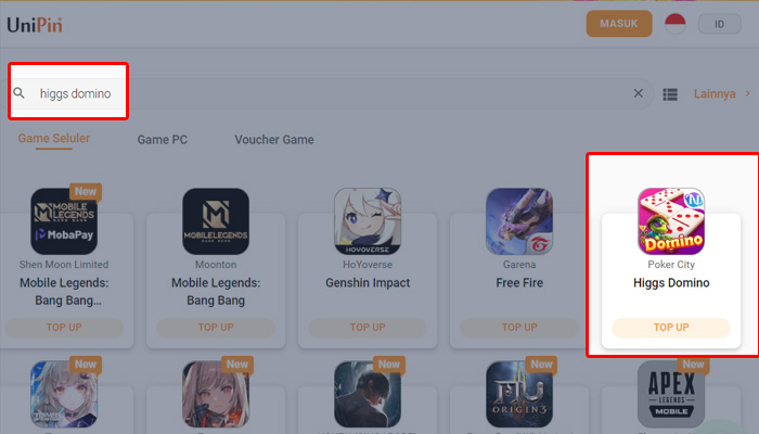cara top up higgs domino unipin