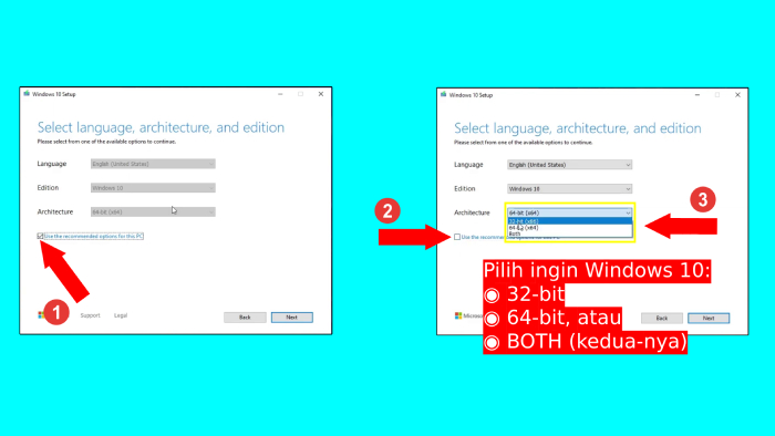 memilih windows 10 32 bit, 64 bit atau keduanya (BOTH)