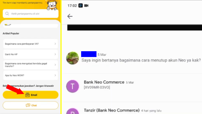 mengirim email pada bank neo commerce