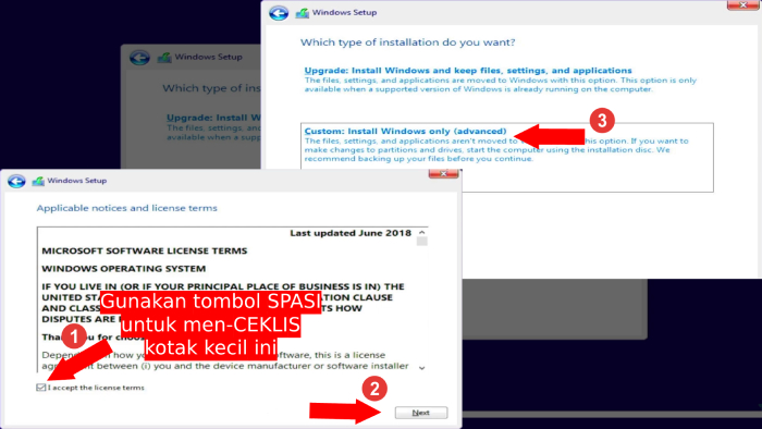 menyetujui license terms dan memilih install windows only