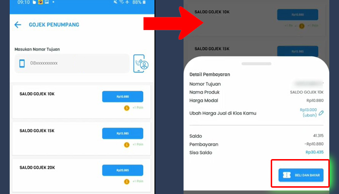 bukakios masukan nomor tujuan - beli dan bayar