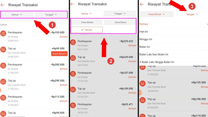 cara sortir transaksi di riwayat transaksi shopee