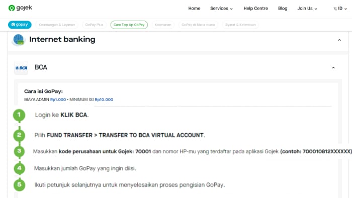 cara top up gopay via internet banking bca