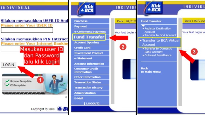 login ke klik bca pilih fund transfer lalu pilih transfer ke bca virtual account