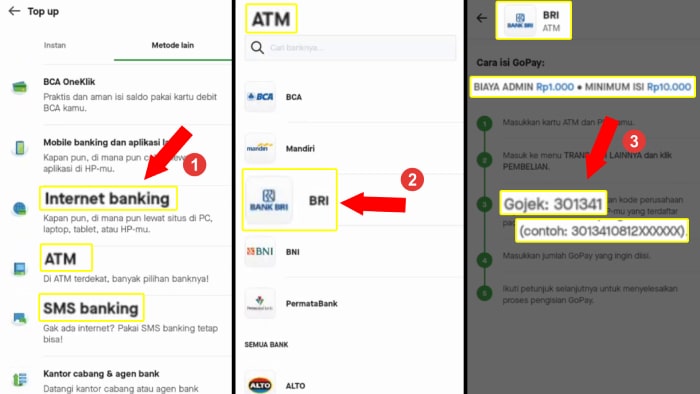 memilih metode top up internet banking atm atau sms banking untuk melihat kode virtual gojek