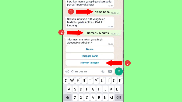 mengganti nomor telepon di aplikasi pedulilindungi melalui chatbot