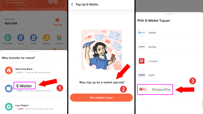 menu transfer ke shopeepay di flip