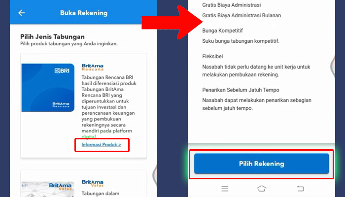 brimo informasi produk - pilih rekening