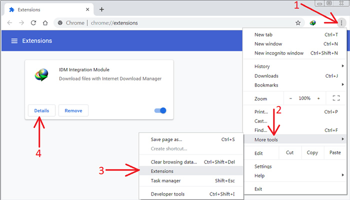 chrome setting - more tools - extensions - idm details