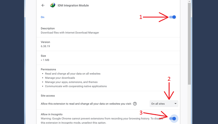 idm on - on all sites - allow in incognito