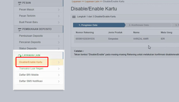 internet banking bri disable enable kartu