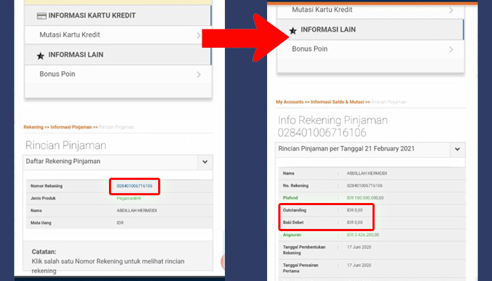 internet banking bri nomor rekening - sisa cicilan