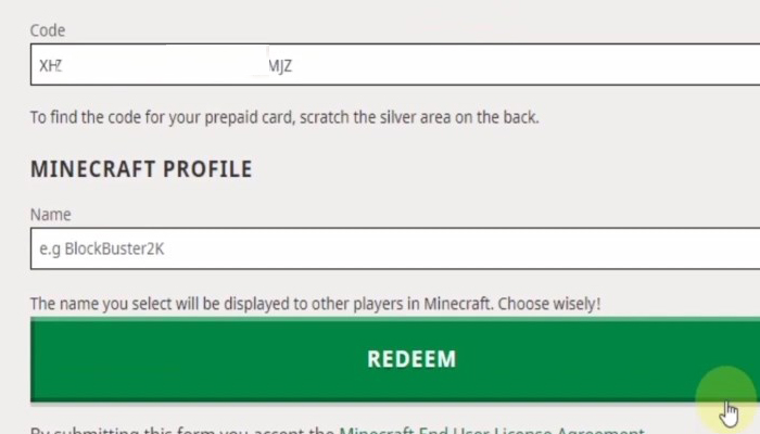 minecraft code name redeem