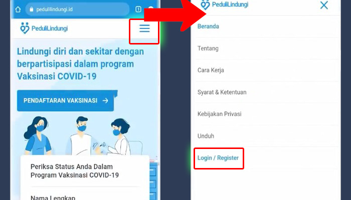 pedulilindungi garis tiga - login register