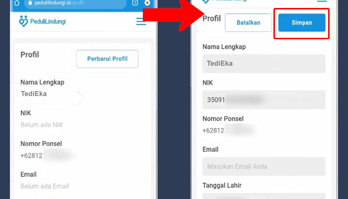 pedulilindungi perbarui profil - simpan