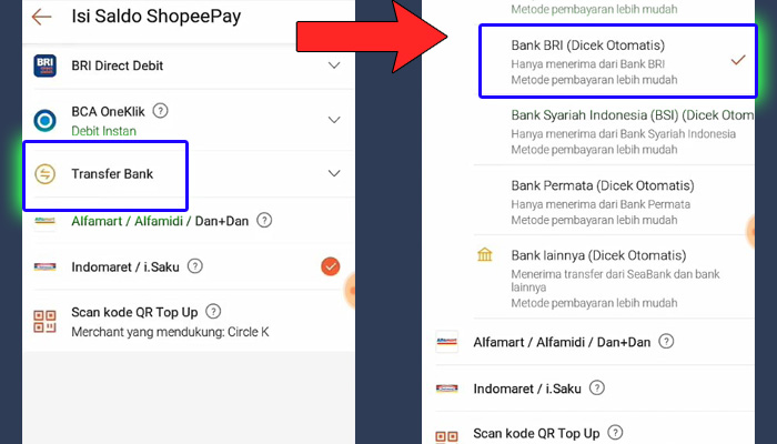 shopeepay transfer bank - bank bri