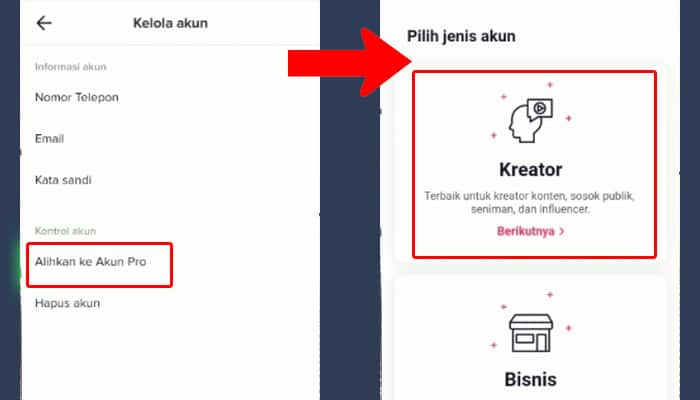 tiktok alihkan ke akun pro - kreator