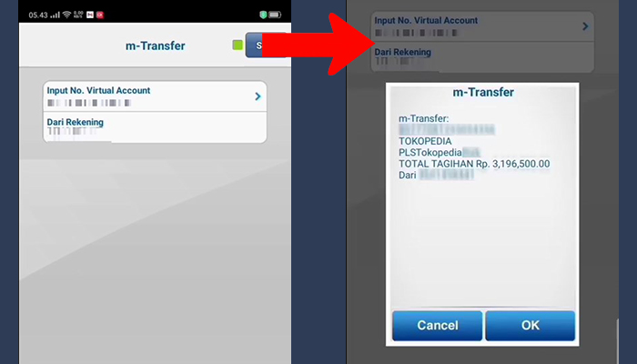 bca mobile input no virtual account - total tagihan