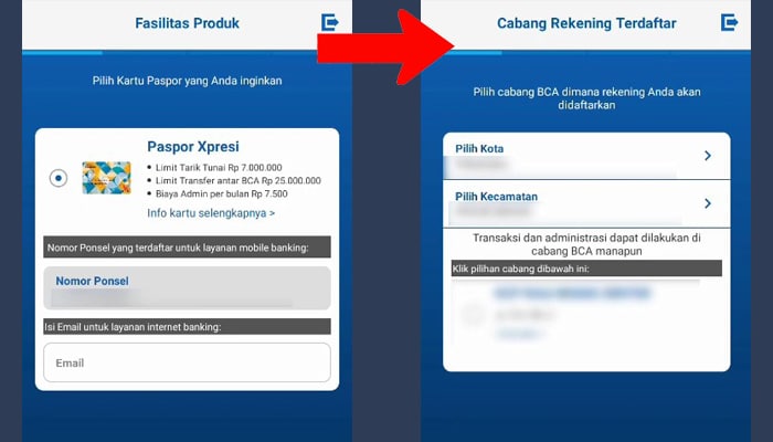 bcamobile pilih kartu paspor - cabang rekening terdaftar