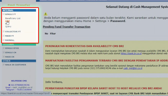 bri cash management system internal add