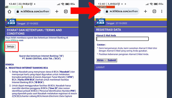 klik bca syarat dan ketentuan - masukan alamat email