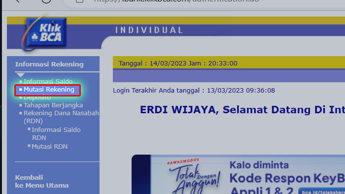 klikbca mutasi rekening